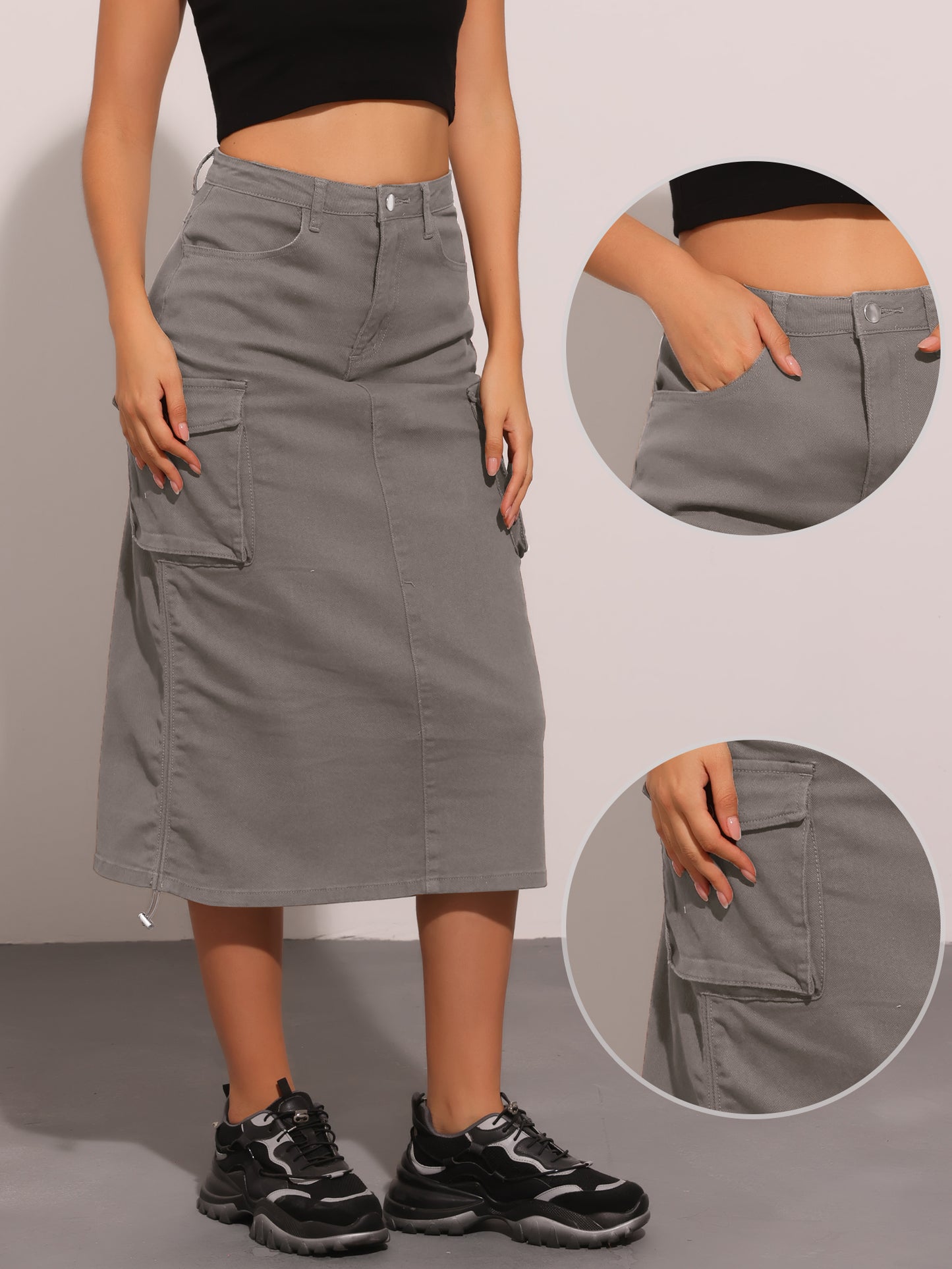 Falda vaquera larga cargo midi de corte A ajustable para mujer