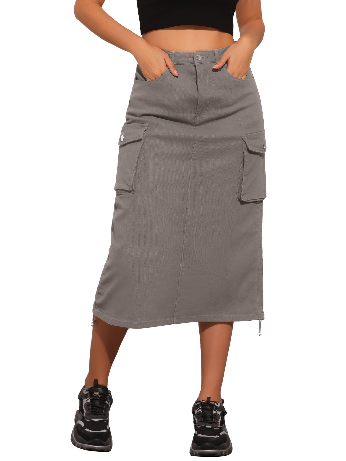 Falda vaquera larga cargo midi de corte A ajustable para mujer