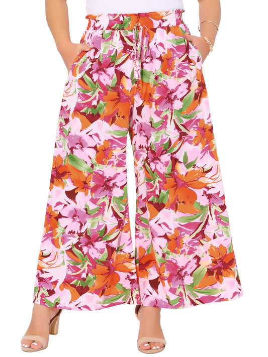 Women's Plus Size Casual Wide Leg Pants Boho Summer Floral Palazzo Pants Flowy Beach Trousers with Pocket