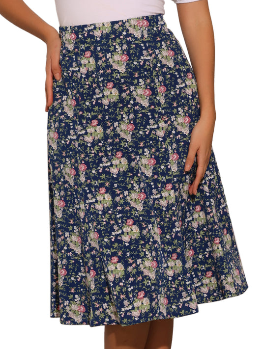 Women's Floral Midi Skirt Peasant Elastic Waist A-Line Ditsy Printed Skirts