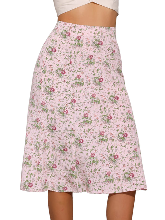 Falda midi floral para mujer, cintura elástica, corte A, estampado de florecitas