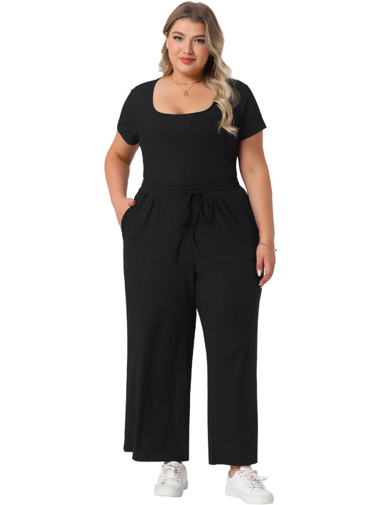 Womens Plus Size 2 Piece Set Square Neck Short Sleeve Bodysuit Top Wide Leg Pants Outfit