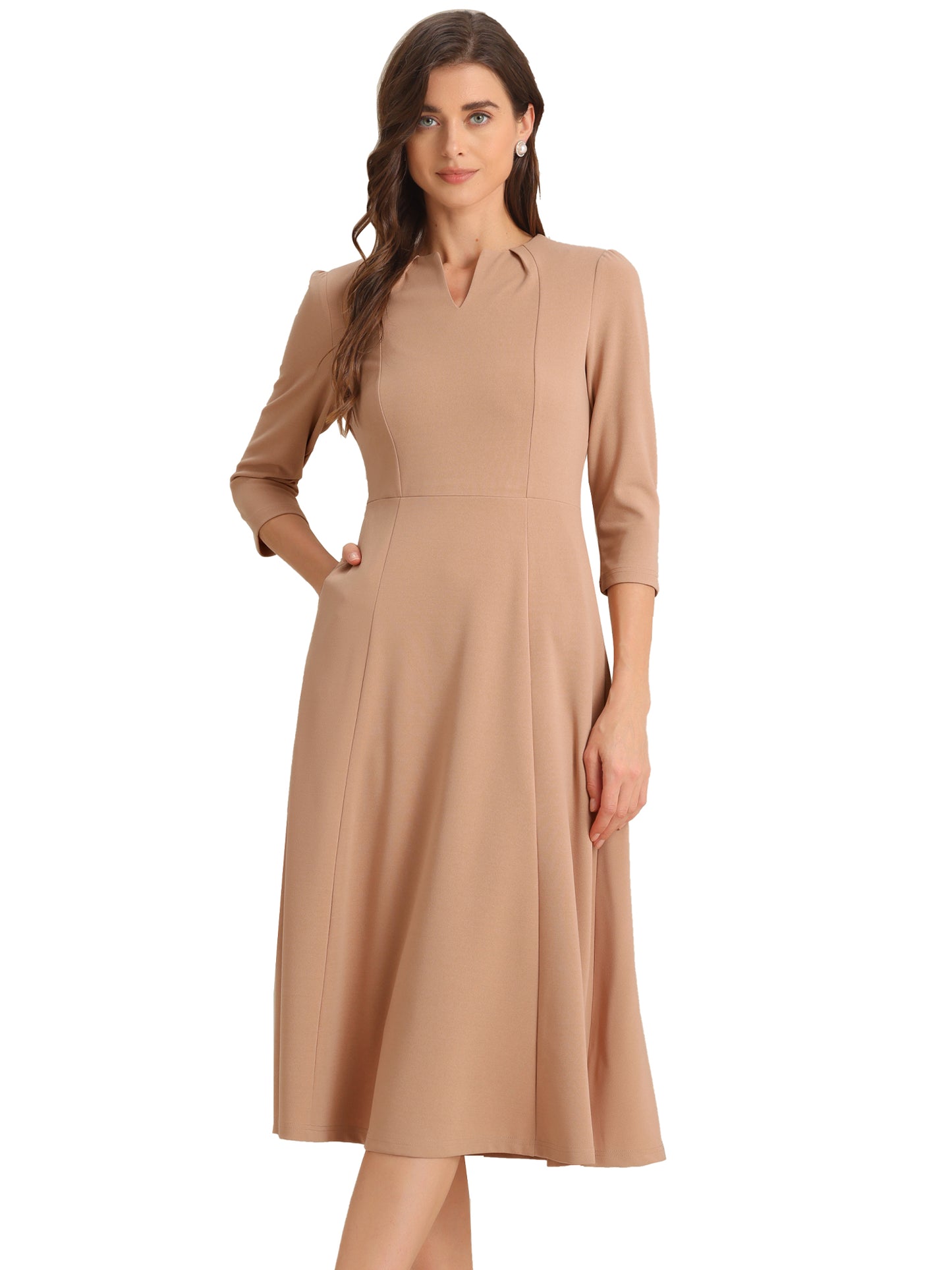 Women's 3/4 Sleeve Dresses V Neck Pockets Elegant Work Business Spring Fall A-Line Midi Dress (Available in Plus Size)