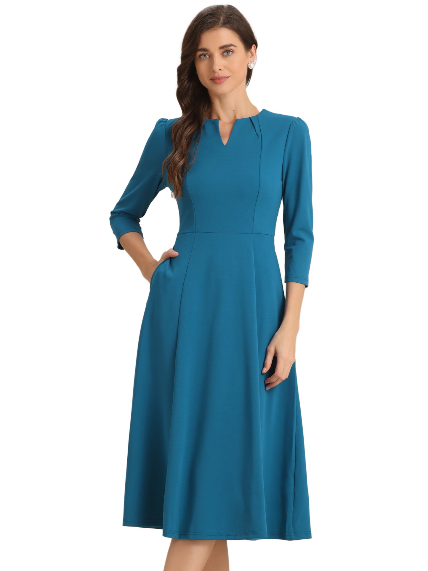 Women's 3/4 Sleeve Dresses V Neck Pockets Elegant Work Business Spring Fall A-Line Midi Dress (Available in Plus Size)