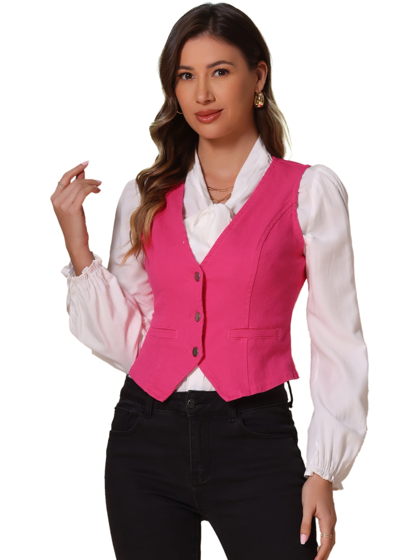 Women's Sleeveless V Neck Button Down Denim Waistcoat Vest (Available in Plus Size)
