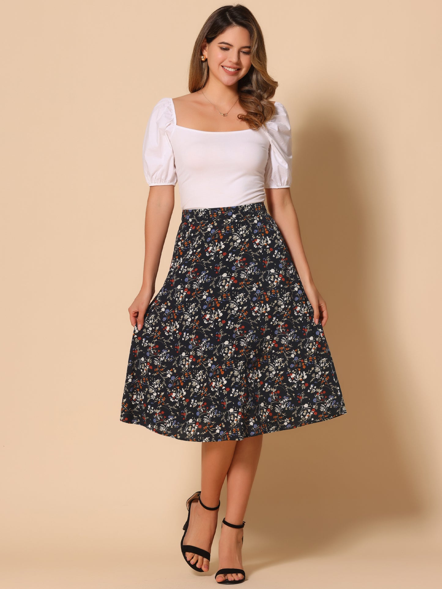 Falda midi de gasa con estampado floral para mujer, corte A, verano