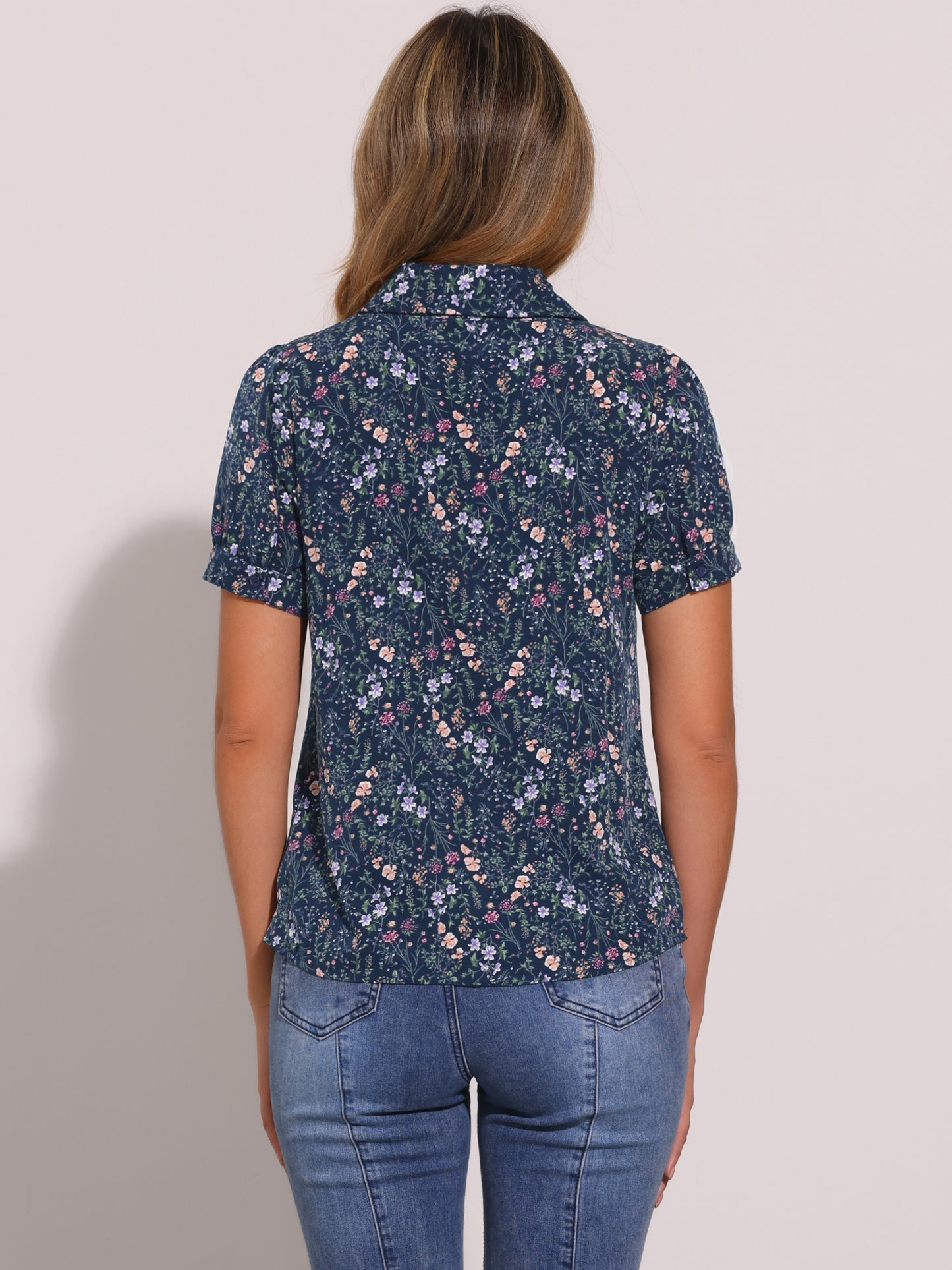 Blusa de gasa con cuello Peter Pan y pajarita estampada retro para mujer