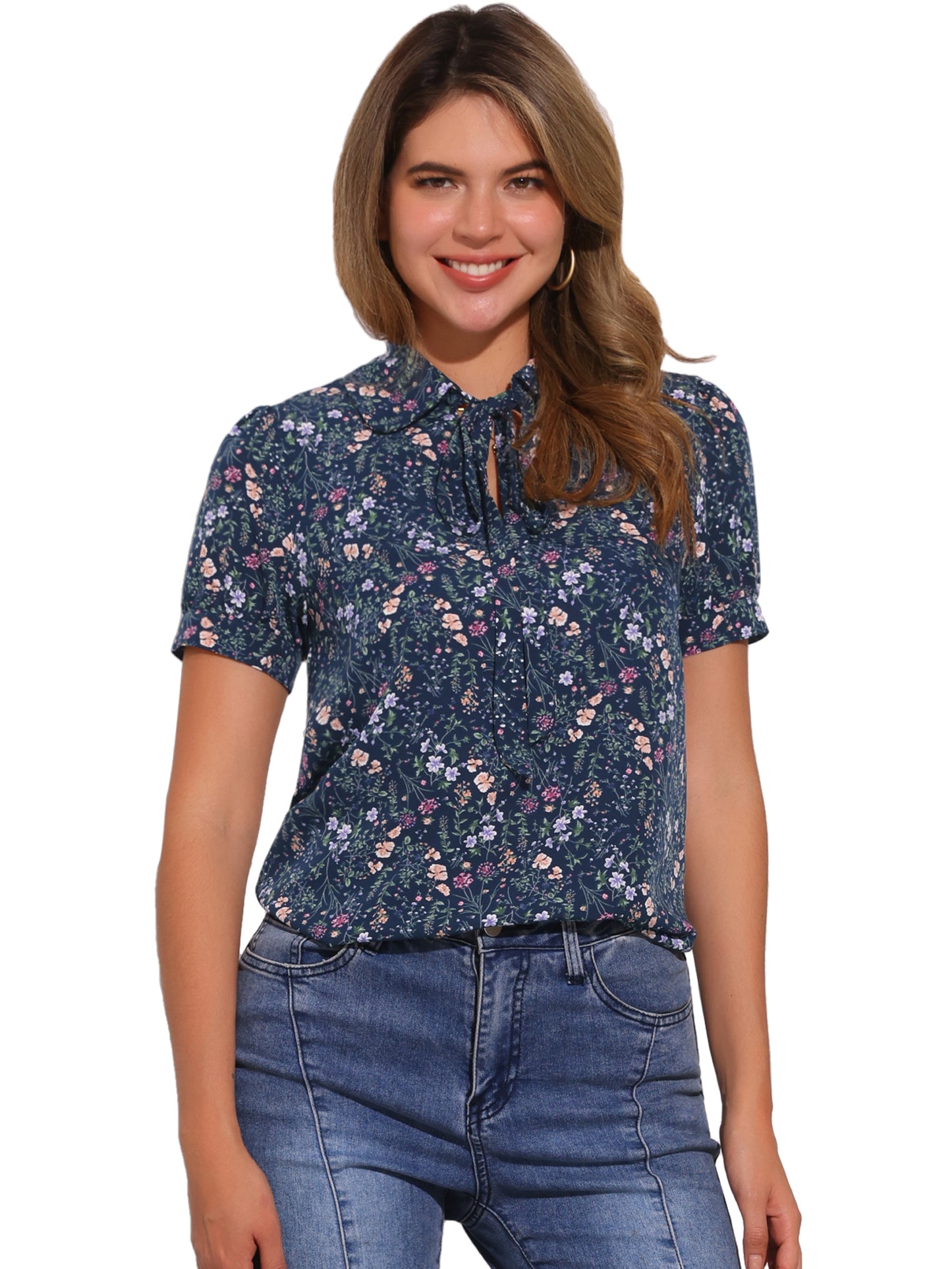 Blusa de gasa con cuello Peter Pan y pajarita estampada retro para mujer