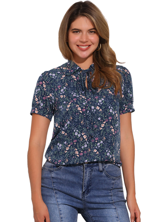 Blusa de gasa con cuello Peter Pan y pajarita estampada retro para mujer