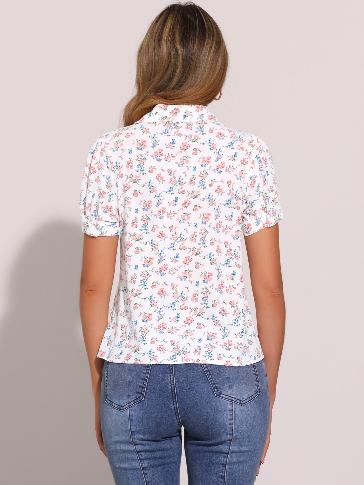 Women's Retro Printed Bow Tie Peter Pan Collar Chiffon Blouse Shirt