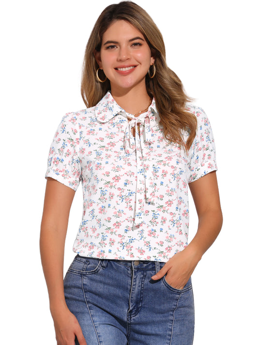 Women's Retro Printed Bow Tie Peter Pan Collar Chiffon Blouse Shirt