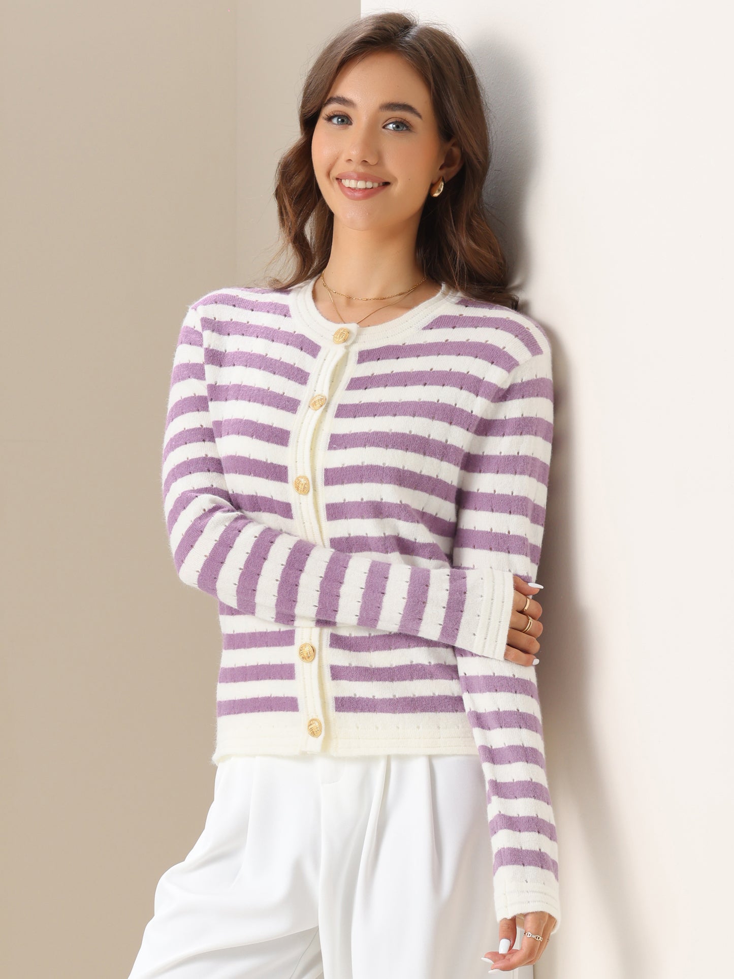 Cárdigan de rayas para mujer, suéter abierto con botones, chaqueta informal de punto