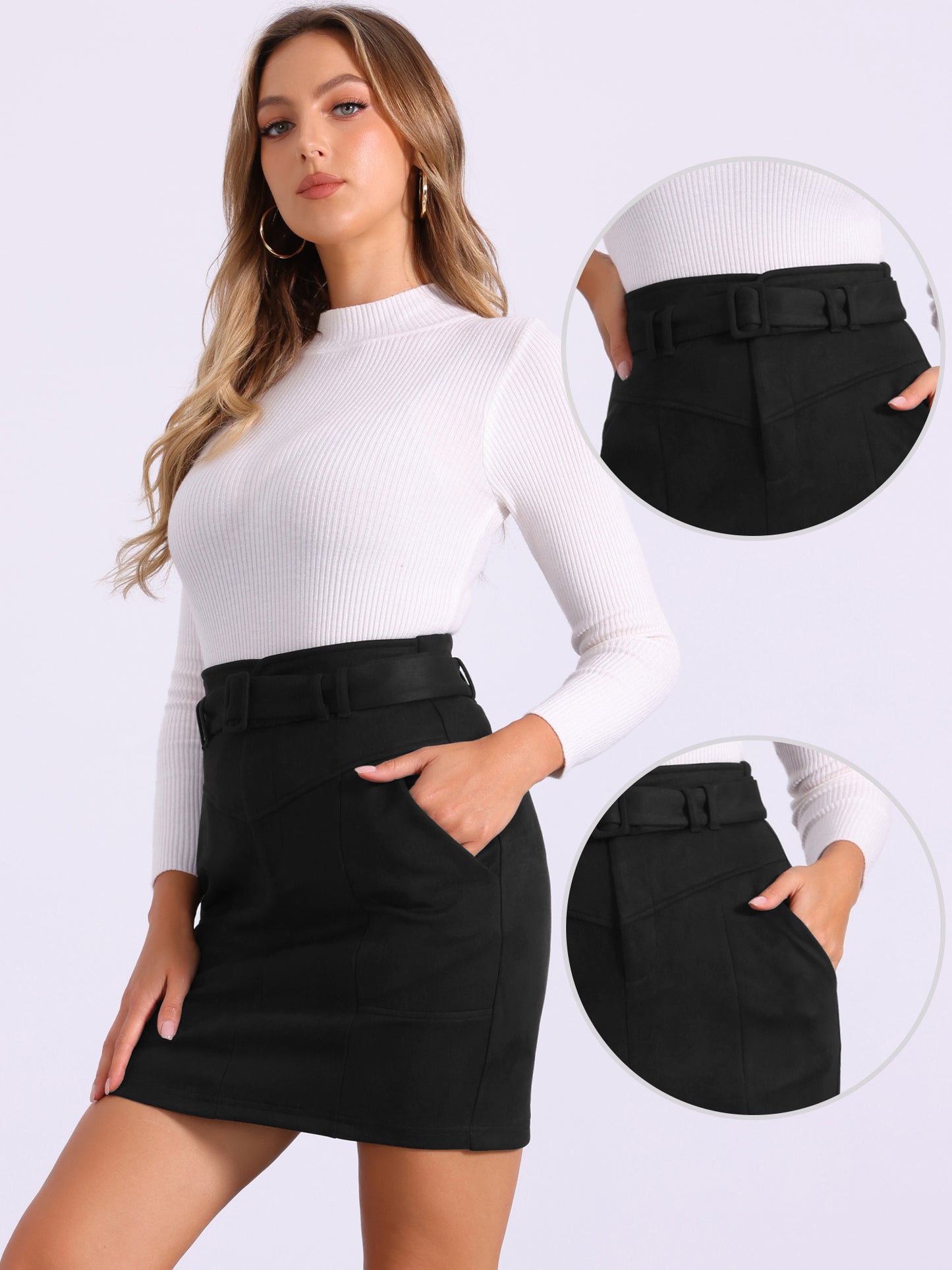 Women's Faux Suede Skirt High Waist Casual Belted Pencil Skirts
