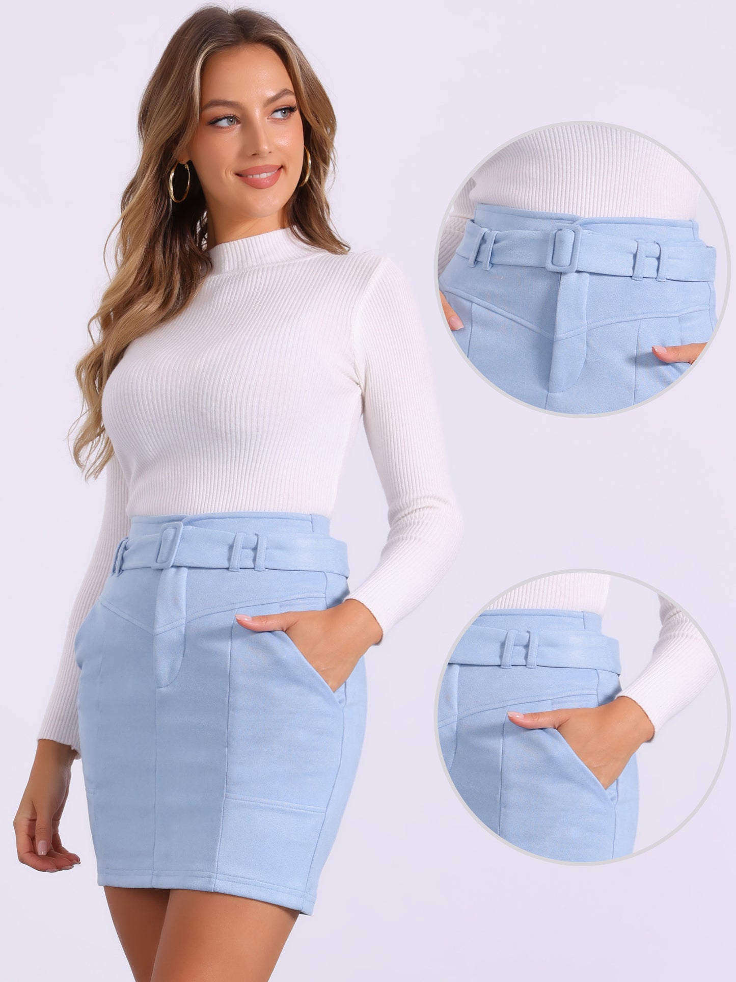 Women's Faux Suede Skirt High Waist Casual Belted Pencil Skirts