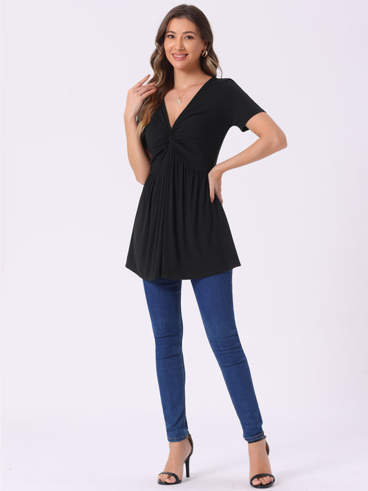 Women's Knotted V Neck Blouse Summer Short Sleeve Oversize Tunic Tops Solid Pullover