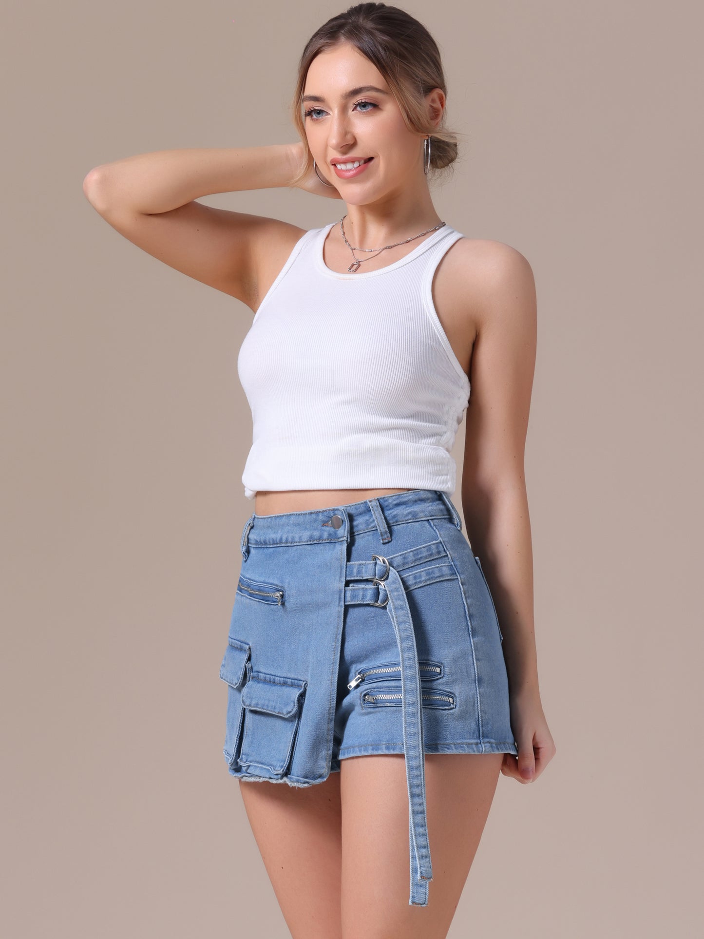 Women's Jean Skort High Waisted Summer Asymmetrical Denim Cargo Skirt Shorts
