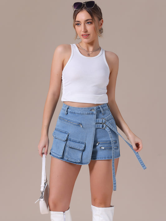 Women's Jean Skort High Waisted Summer Asymmetrical Denim Cargo Skirt Shorts
