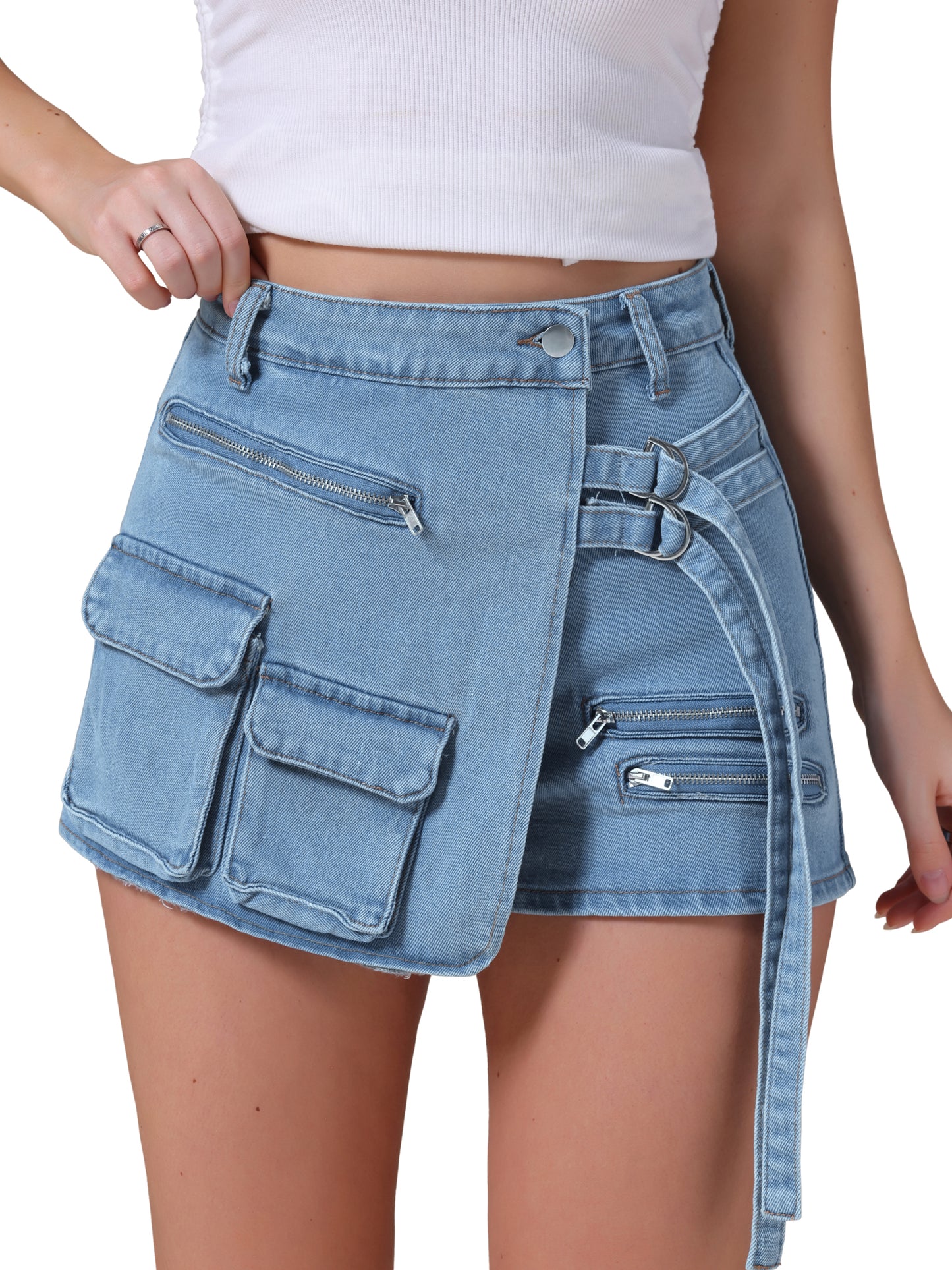 Women's Jean Skort High Waisted Summer Asymmetrical Denim Cargo Skirt Shorts