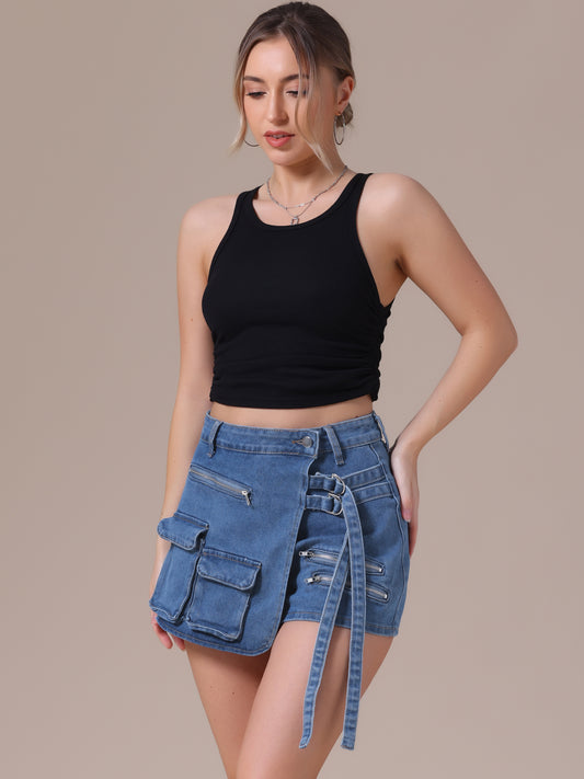 Women's Jean Skort High Waisted Summer Asymmetrical Denim Cargo Skirt Shorts