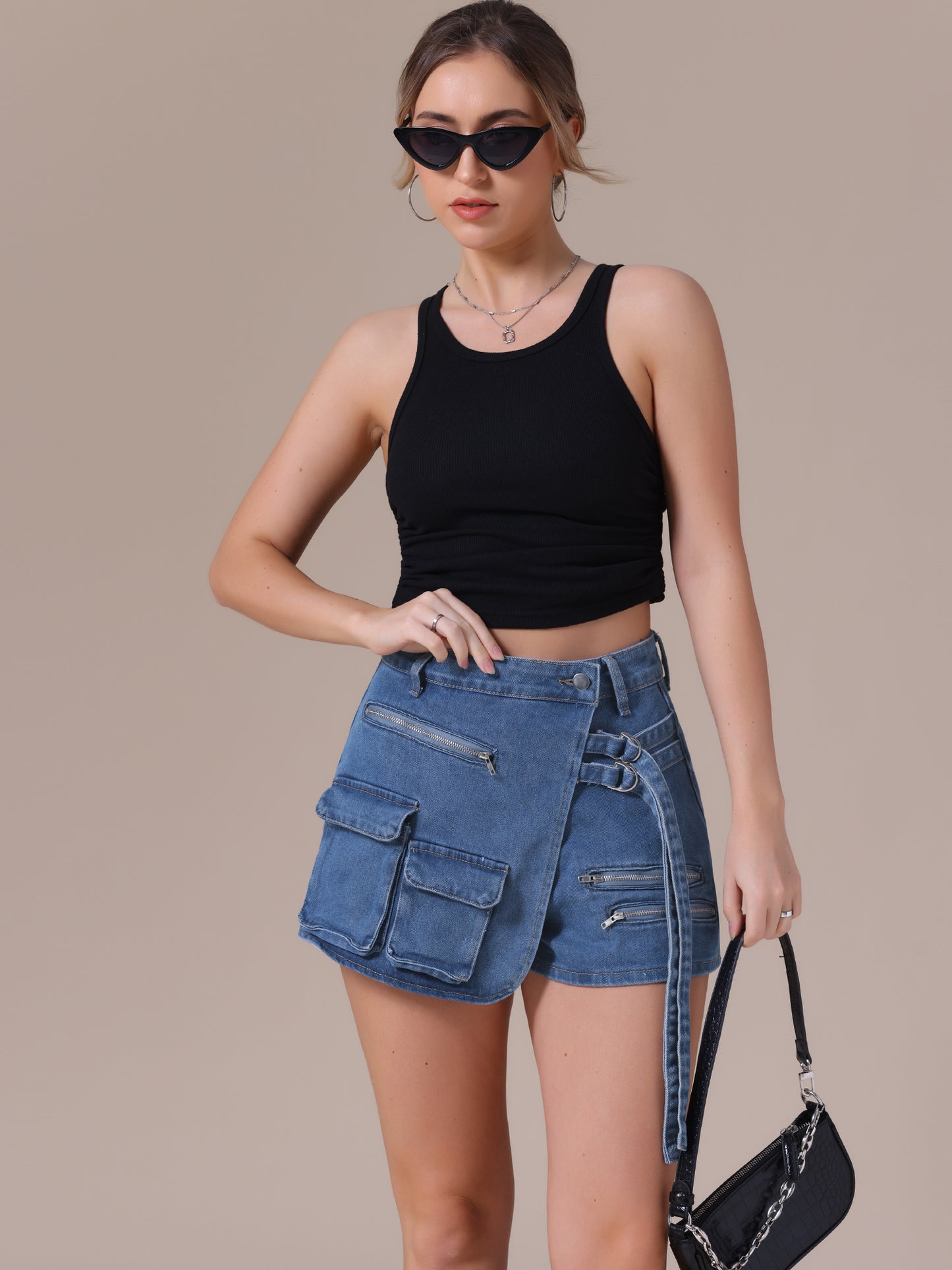 Women's Jean Skort High Waisted Summer Asymmetrical Denim Cargo Skirt Shorts