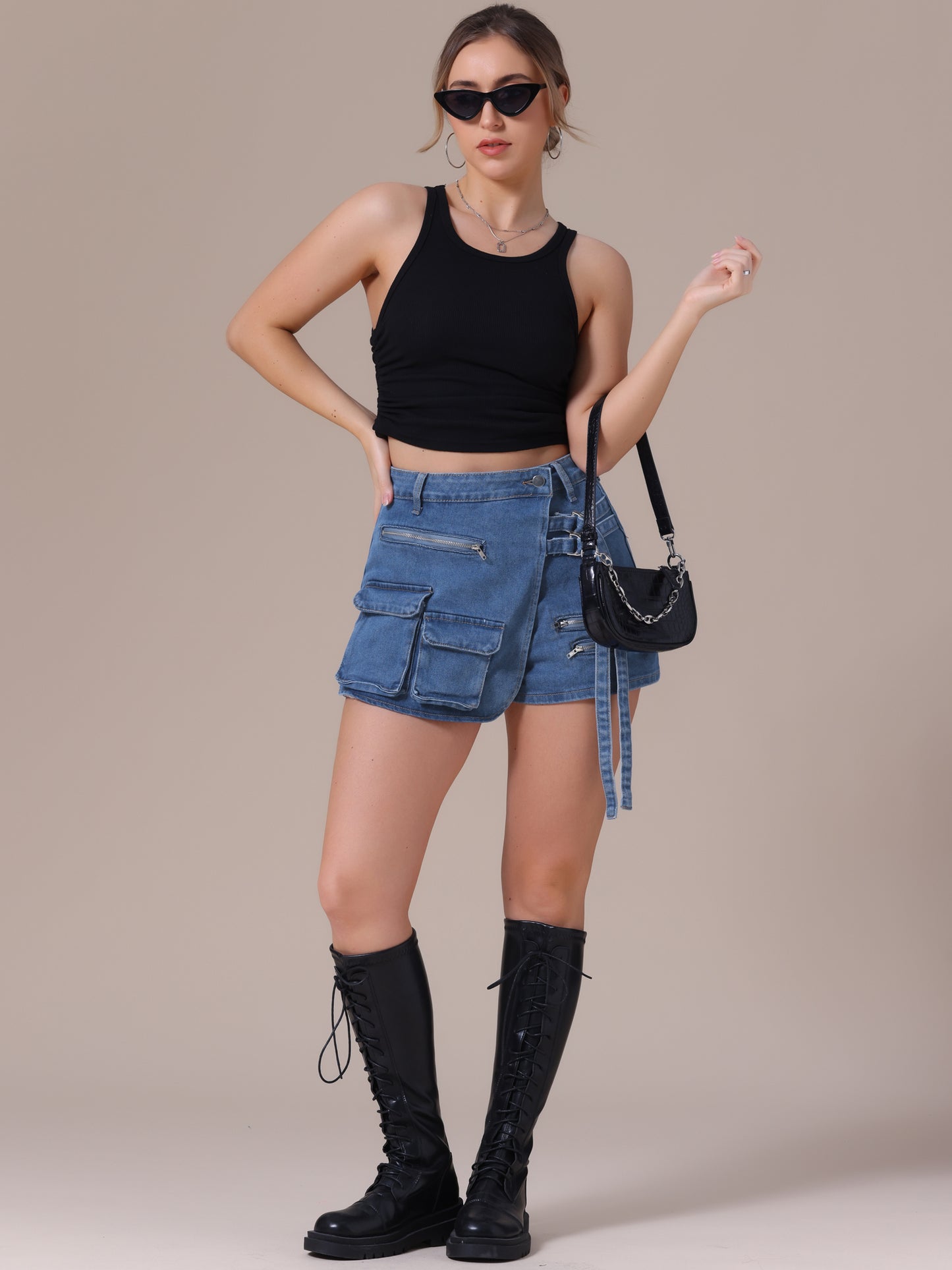 Women's Jean Skort High Waisted Summer Asymmetrical Denim Cargo Skirt Shorts