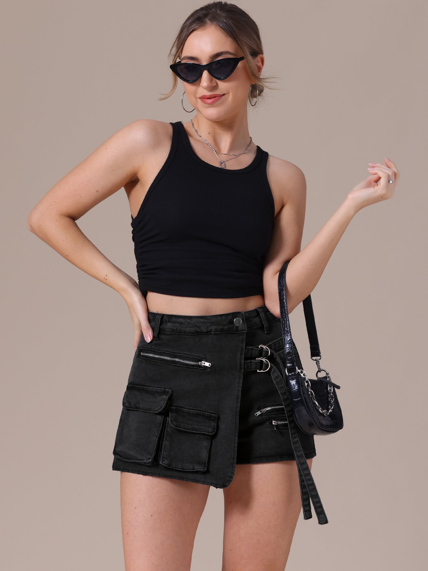 Women's Jean Skort High Waisted Summer Asymmetrical Denim Cargo Skirt Shorts