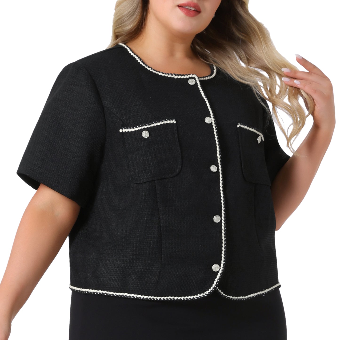 Chaqueta de tweed de talla grande para mujer, con botones y abertura frontal, para oficina, negocios, chaqueta corta