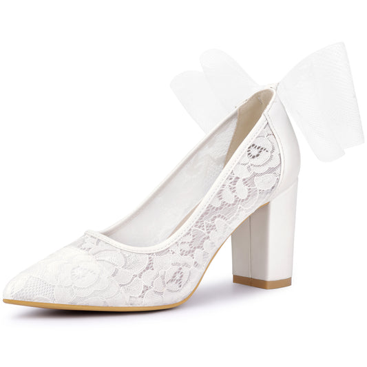 Women Wedding Lace Heels Shoes with Bow Bridal Pointed Toe Block Pumps