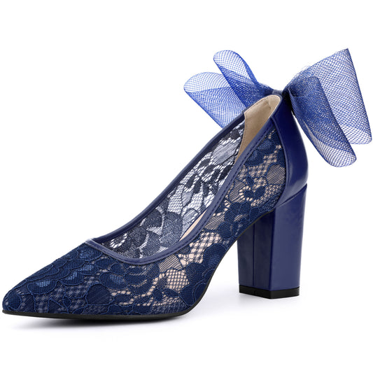 Zapatos de boda para mujer con tacón de encaje y lazo, punta puntiaguda, tacón de bloque