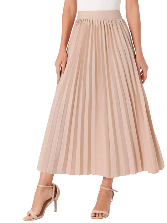 Women's Elastic High Waisted Work Flowy Long Pleated Maxi Skirt