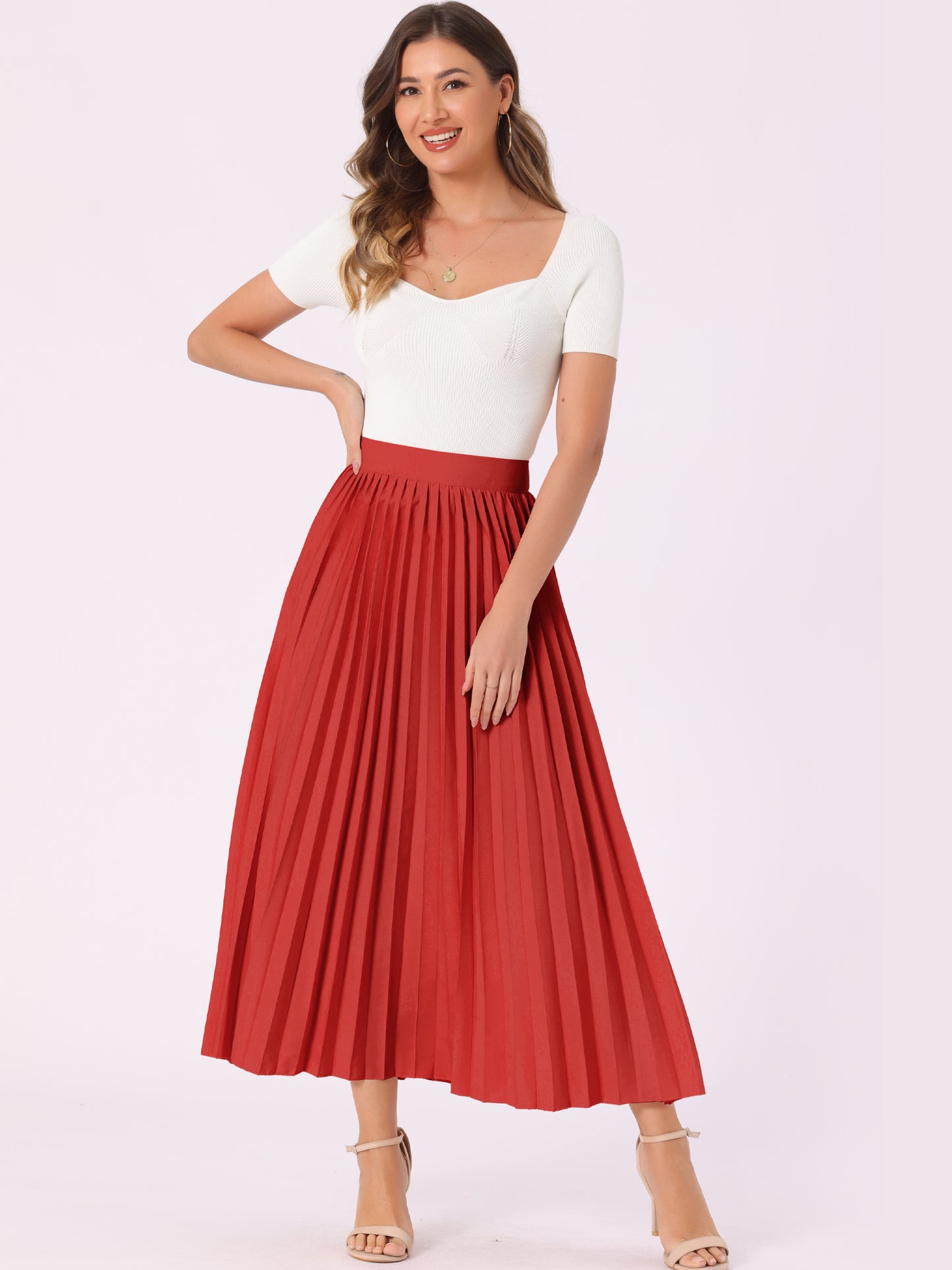 Women's Elastic High Waisted Work Flowy Long Pleated Maxi Skirt