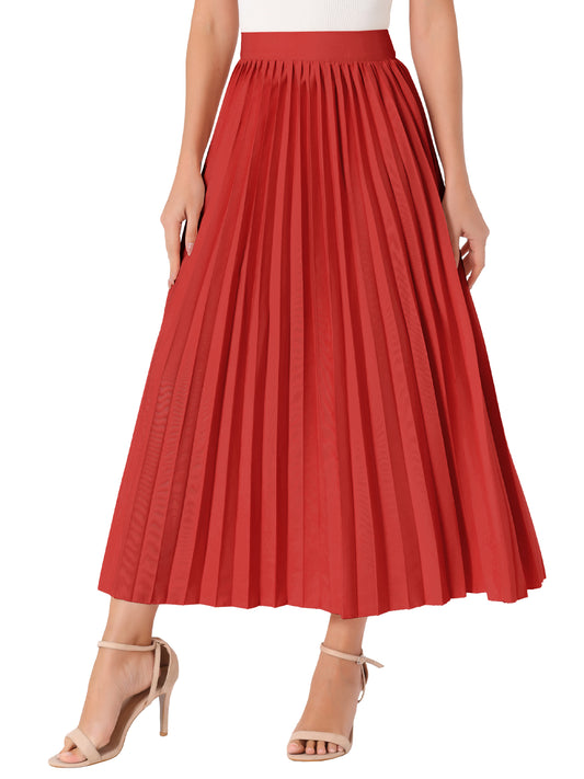 Women's Elastic High Waisted Work Flowy Long Pleated Maxi Skirt