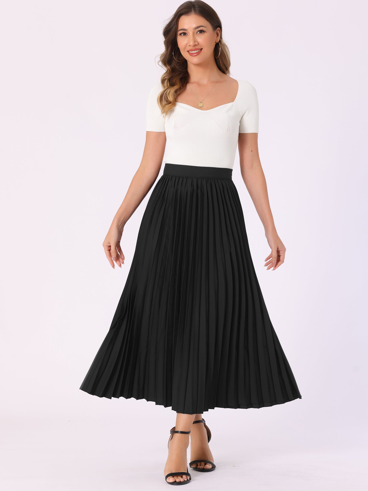 Women's Elastic High Waisted Work Flowy Long Pleated Maxi Skirt