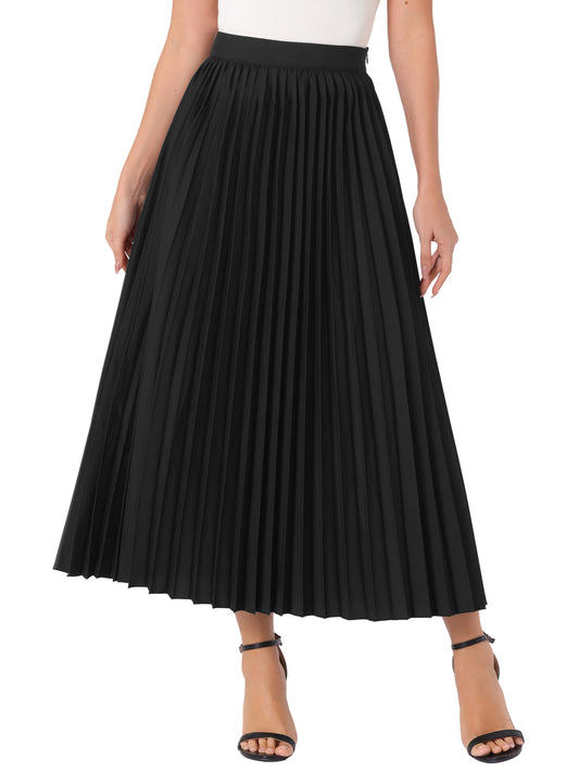 Women's Elastic High Waisted Work Flowy Long Pleated Maxi Skirt