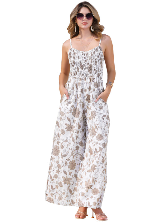 Women's Boho Jumpsuit Spaghetti Straps Sleeveless Wide Leg Pants Floral Romper