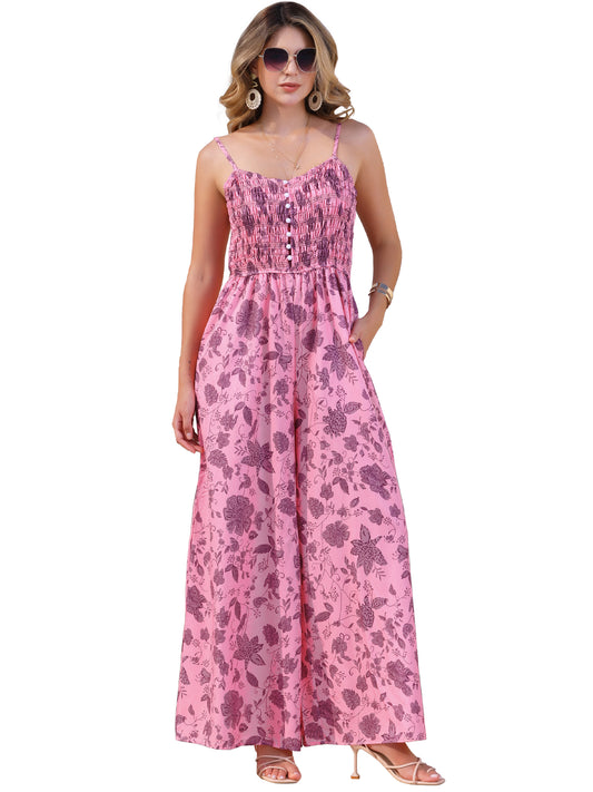 Women's Boho Jumpsuit Spaghetti Straps Sleeveless Wide Leg Pants Floral Romper