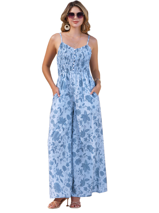 Women's Boho Jumpsuit Spaghetti Straps Sleeveless Wide Leg Pants Floral Romper