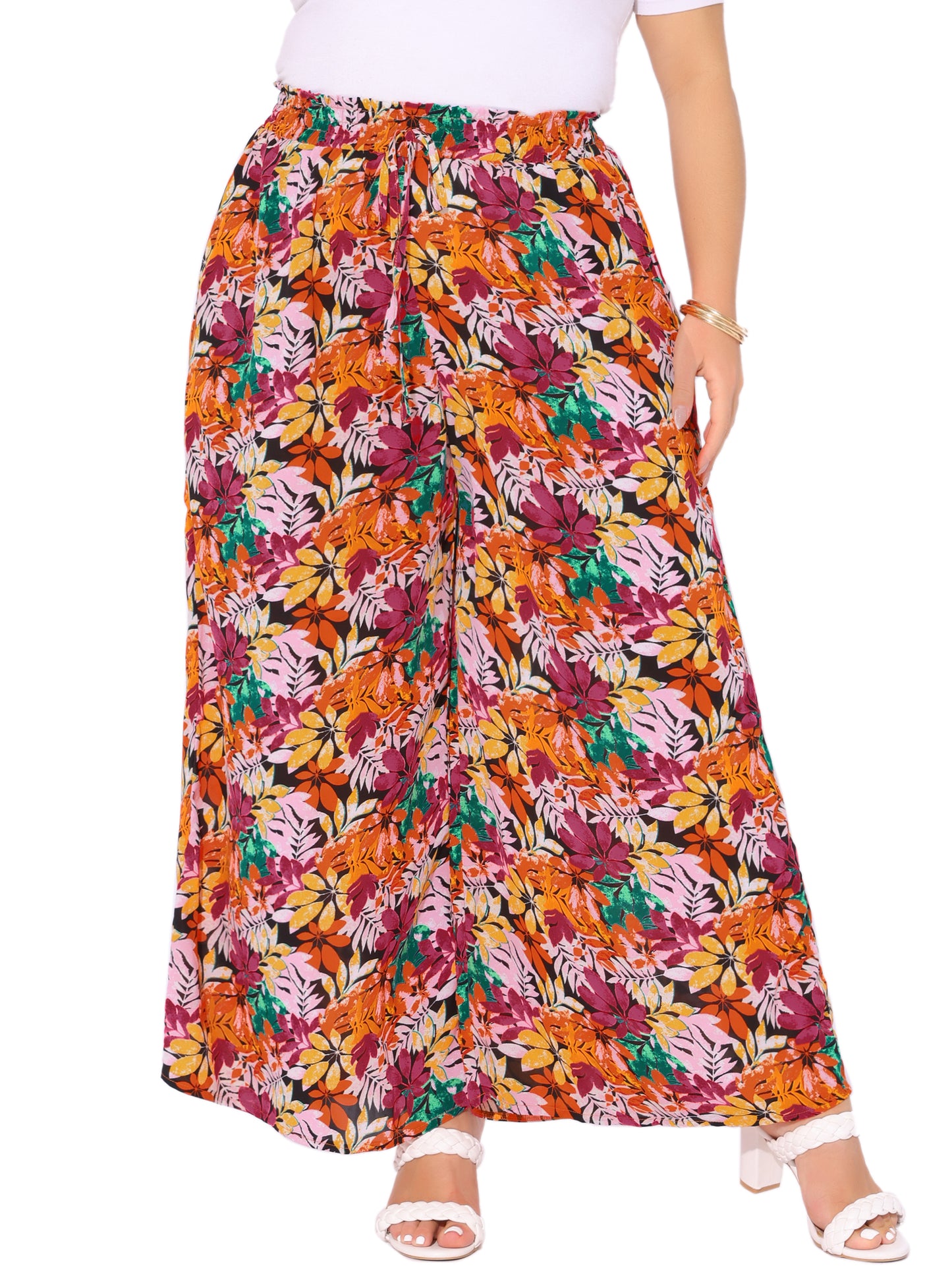 Women's Plus Size Casual Wide Leg Pants Boho Summer Floral Palazzo Pants Flowy Beach Trousers with Pocket