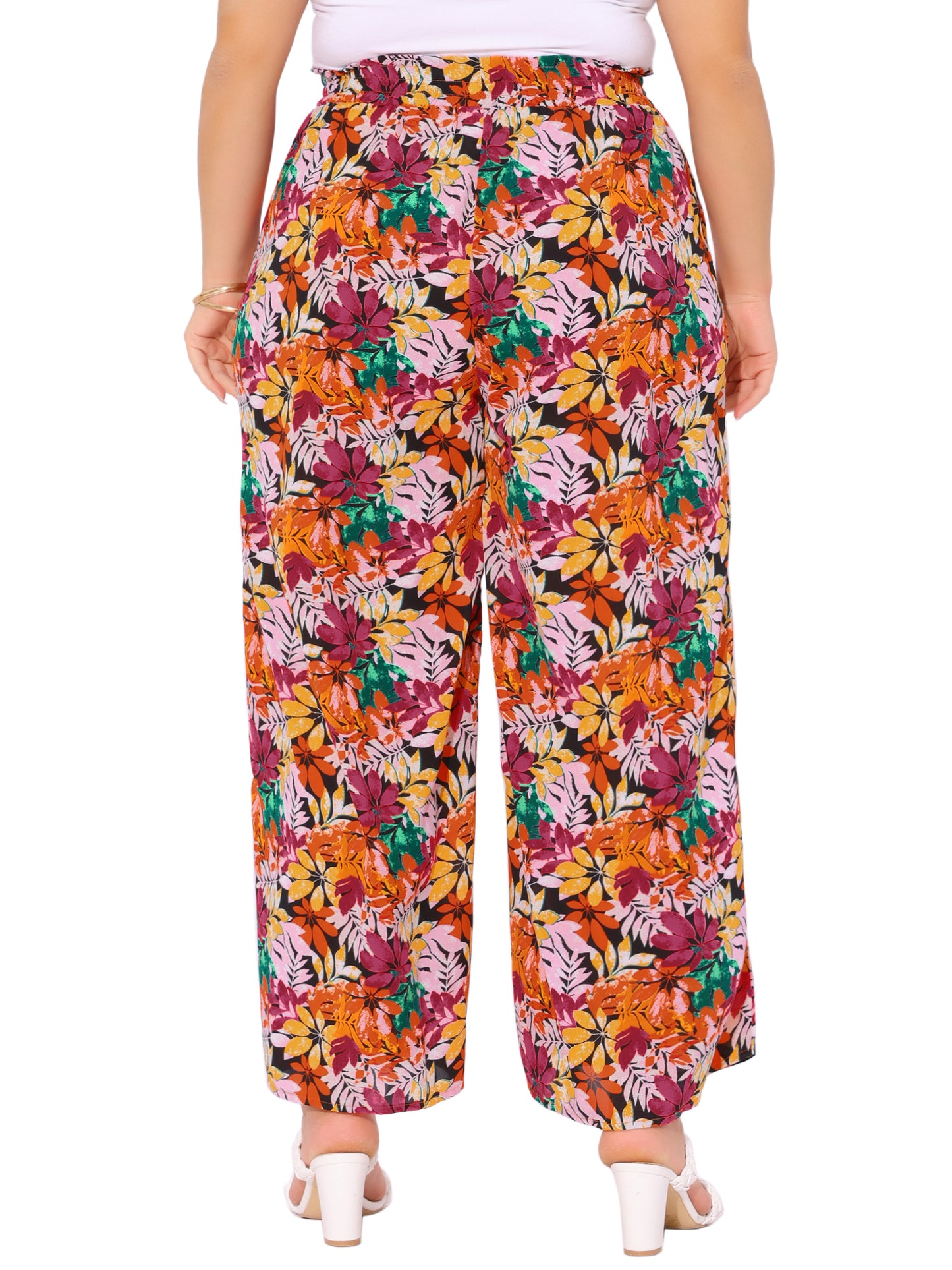 Women's Plus Size Casual Wide Leg Pants Boho Summer Floral Palazzo Pants Flowy Beach Trousers with Pocket