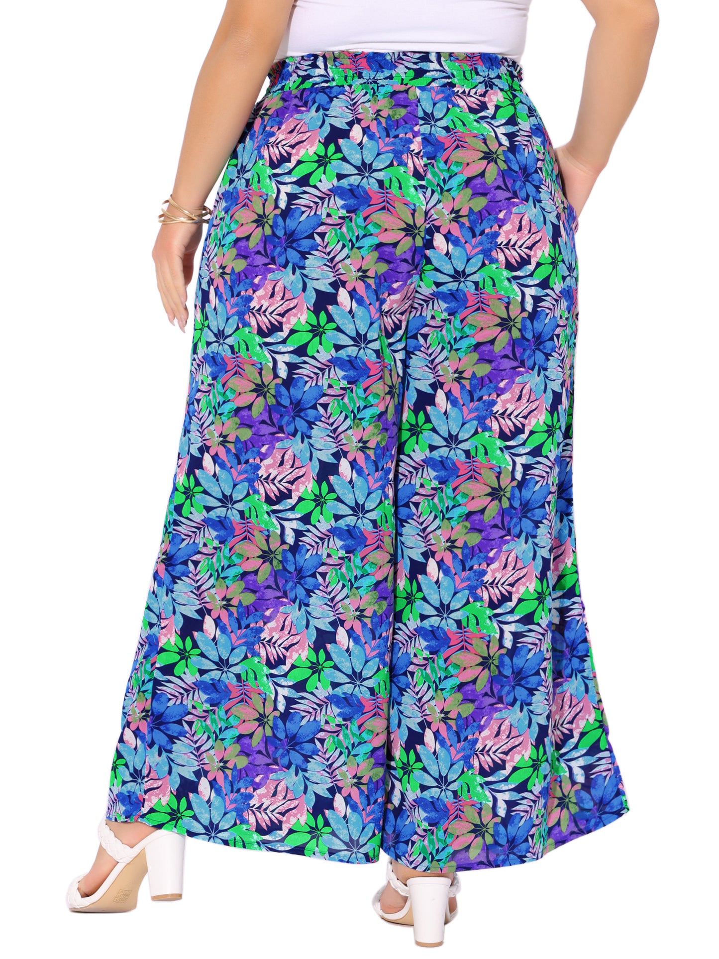 Women's Plus Size Casual Wide Leg Pants Boho Summer Floral Palazzo Pants Flowy Beach Trousers with Pocket