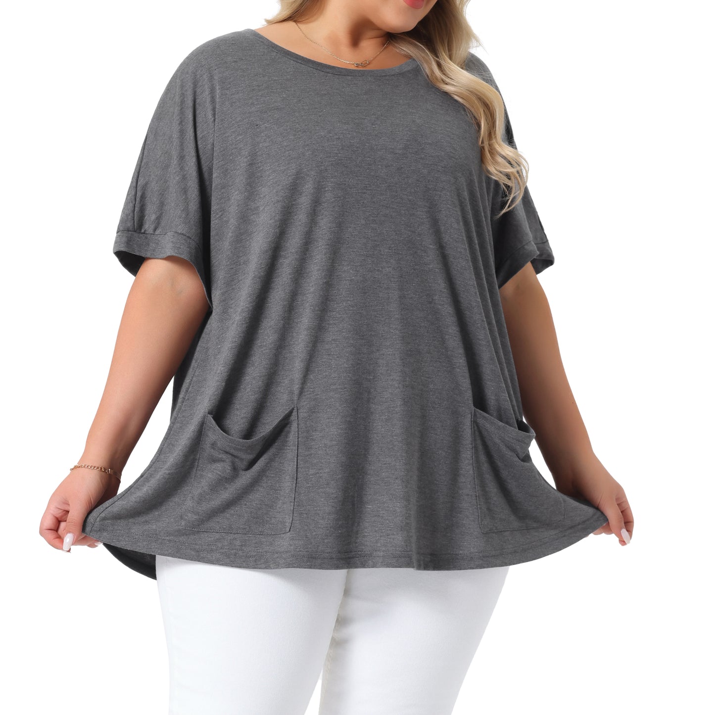 Women's Plus Size Crew Neck Short Sleeve Tops Loose Fit Casual Summer T-Shirt Tee Tops with Pocket