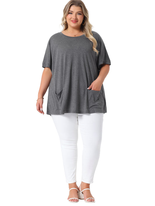 Women's Plus Size Crew Neck Short Sleeve Tops Loose Fit Casual Summer T-Shirt Tee Tops with Pocket