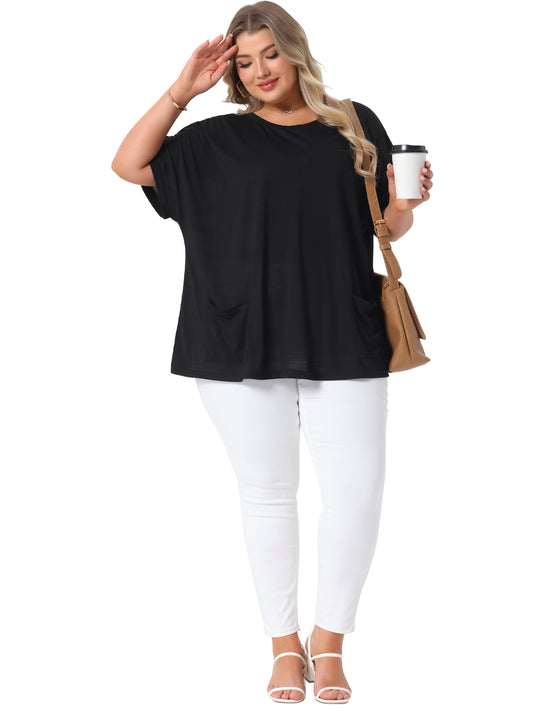 Women's Plus Size Crew Neck Short Sleeve Tops Loose Fit Casual Summer T-Shirt Tee Tops with Pocket