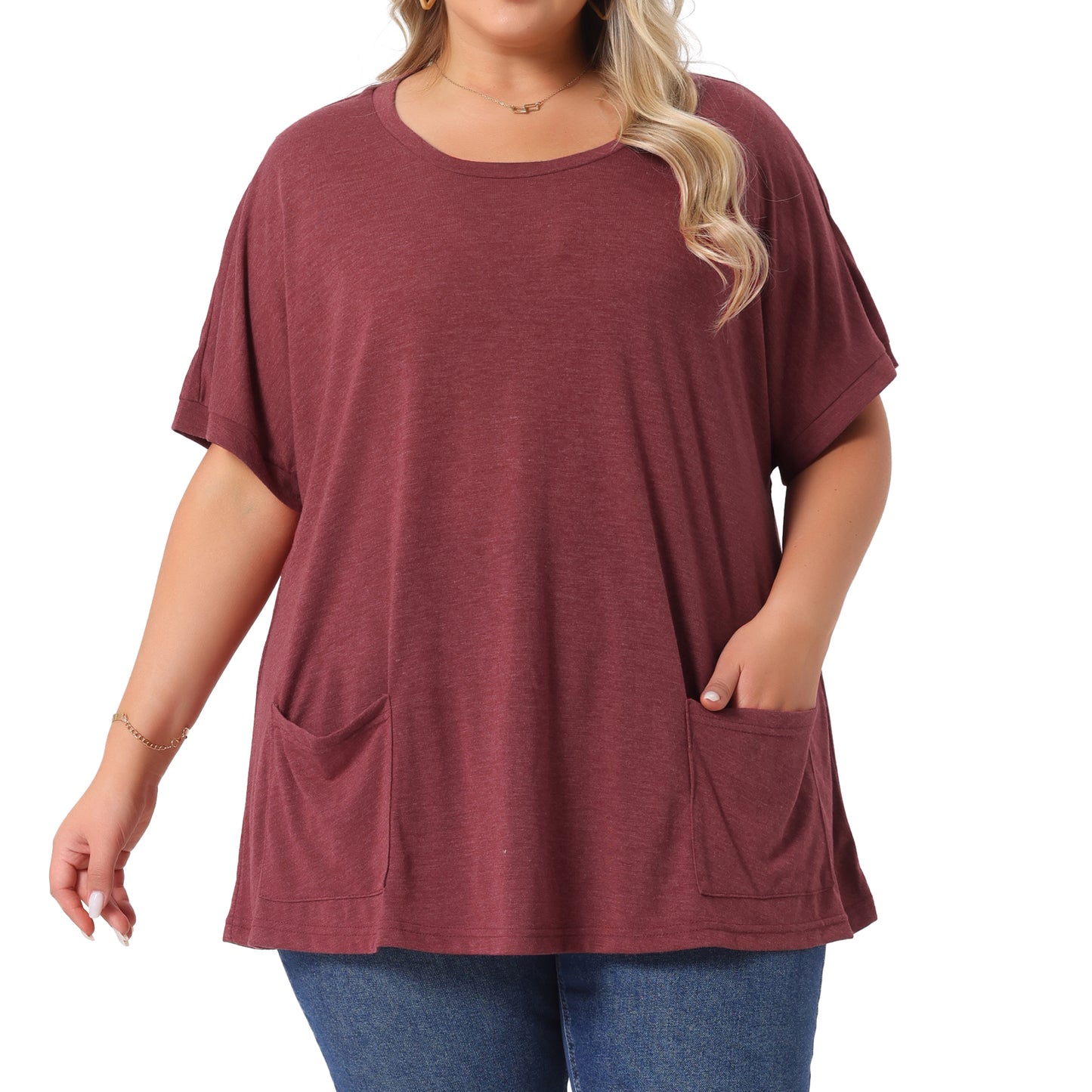 Women's Plus Size Crew Neck Short Sleeve Tops Loose Fit Casual Summer T-Shirt Tee Tops with Pocket