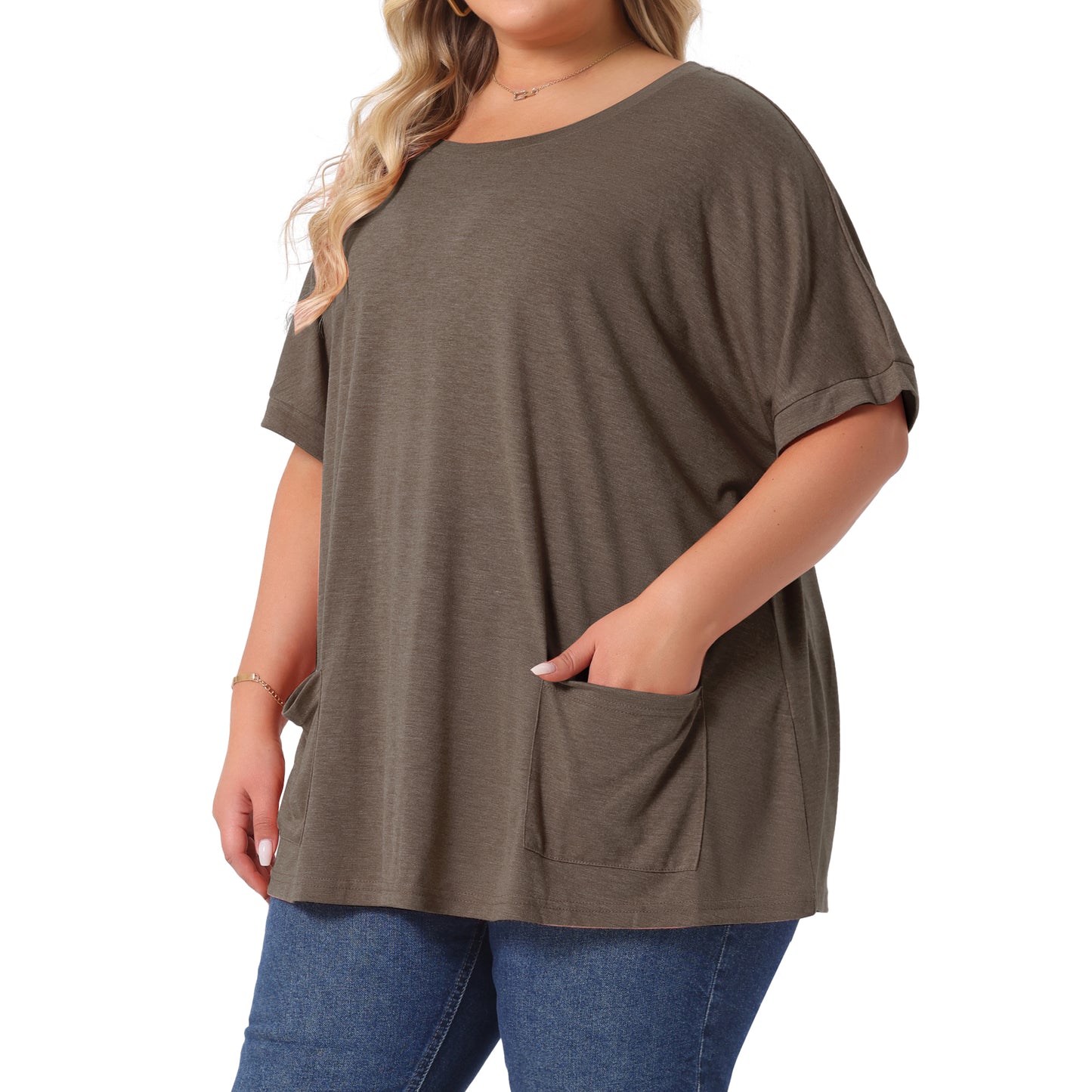 Women's Plus Size Crew Neck Short Sleeve Tops Loose Fit Casual Summer T-Shirt Tee Tops with Pocket