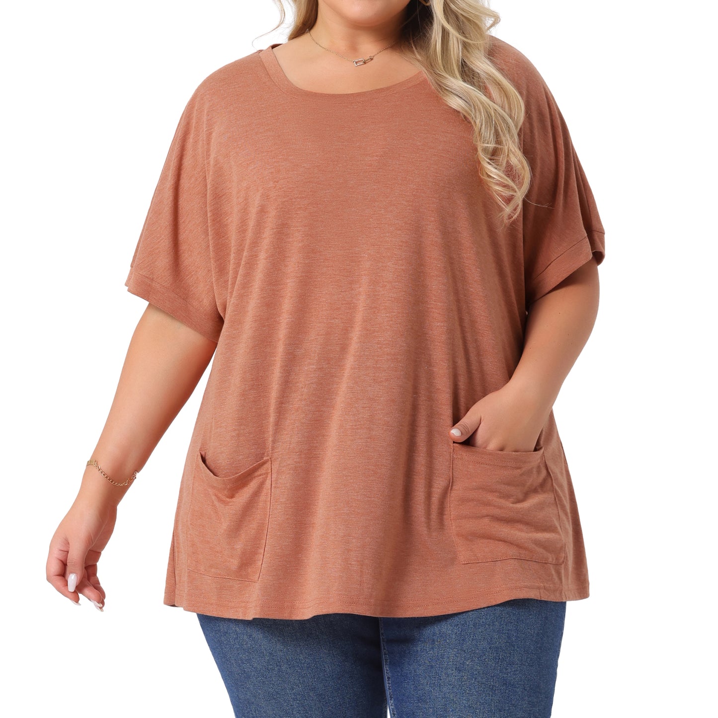 Women's Plus Size Crew Neck Short Sleeve Tops Loose Fit Casual Summer T-Shirt Tee Tops with Pocket
