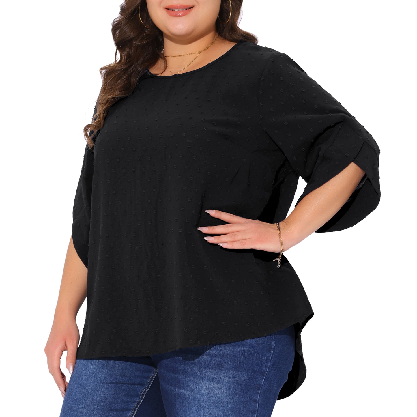 Women Plus Size Round Neck Petal Sleeve Swiss Dots Blouse Casual Summer Top