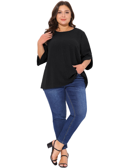 Women Plus Size Round Neck Petal Sleeve Swiss Dots Blouse Casual Summer Top