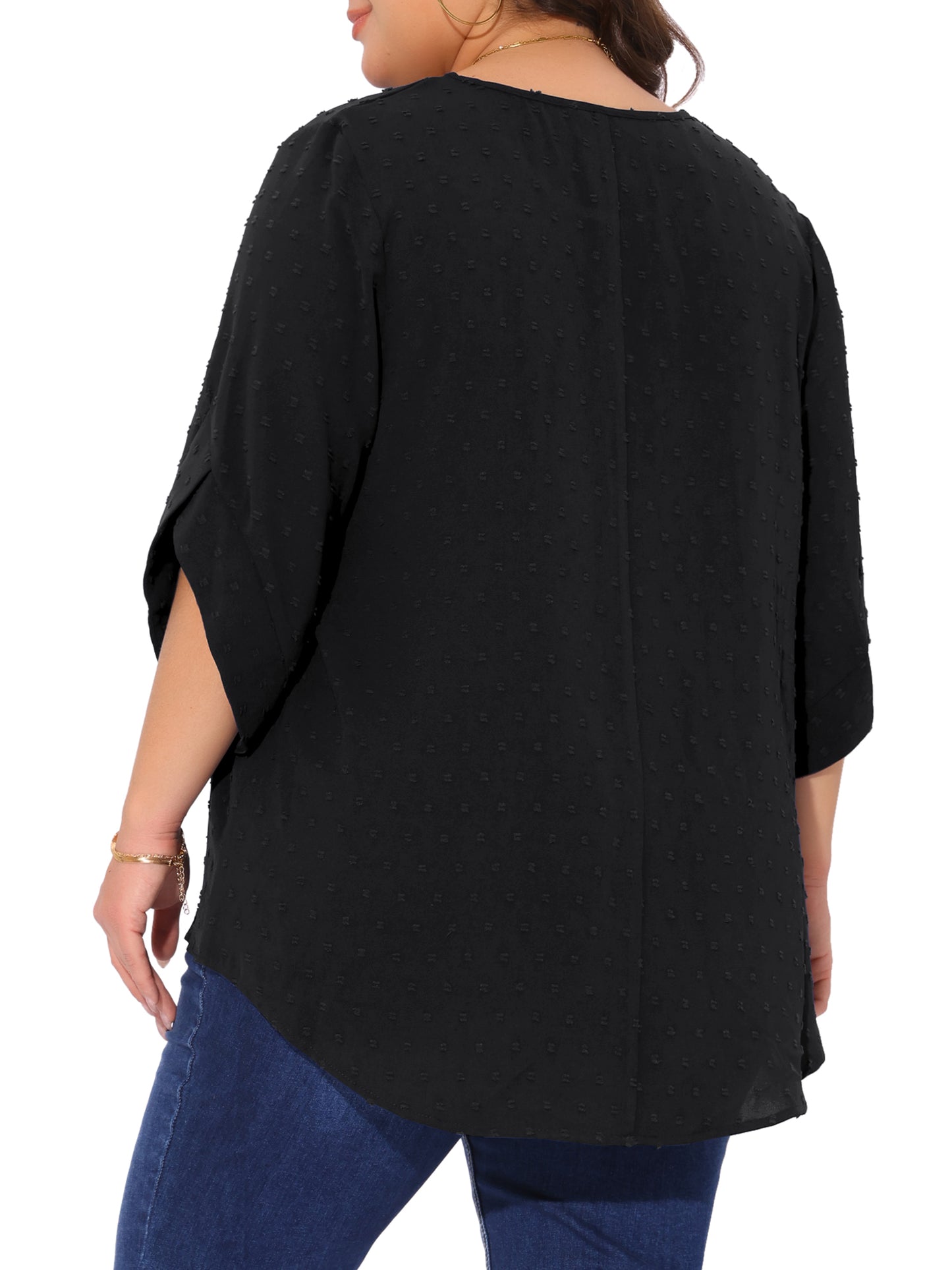 Women Plus Size Round Neck Petal Sleeve Swiss Dots Blouse Casual Summer Top
