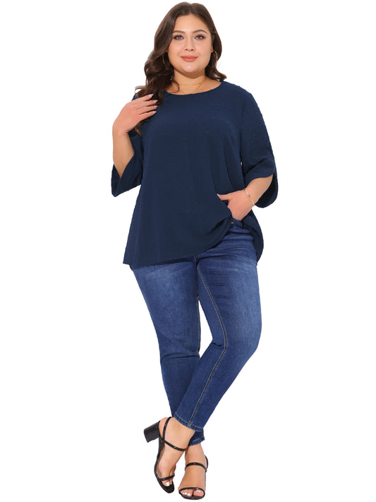 Women Plus Size Round Neck Petal Sleeve Swiss Dots Blouse Casual Summer Top